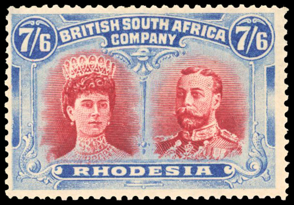 Rhodesia 1910-13 7s6d scarlet and deep bright blue perf 14