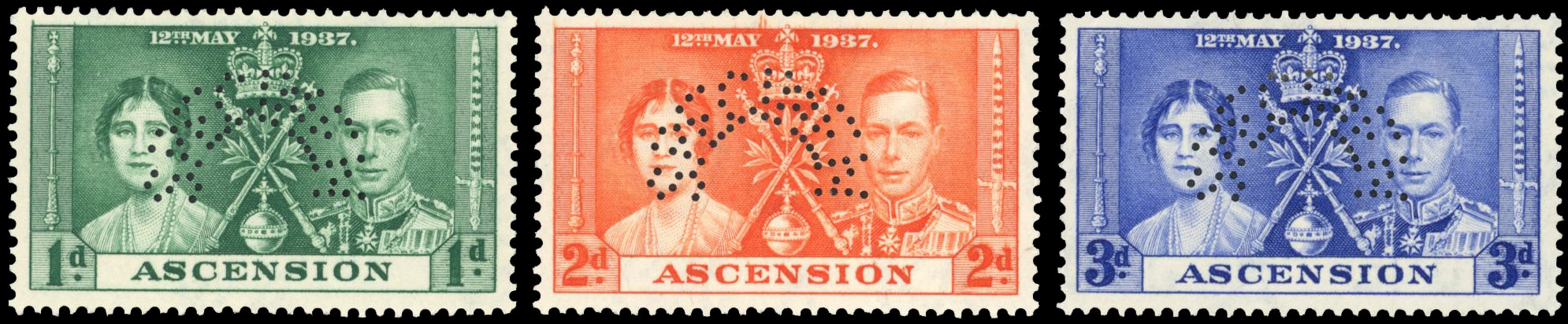 Ascension 1937 Coronation set perforated SPECIMEN SG 35s-37s