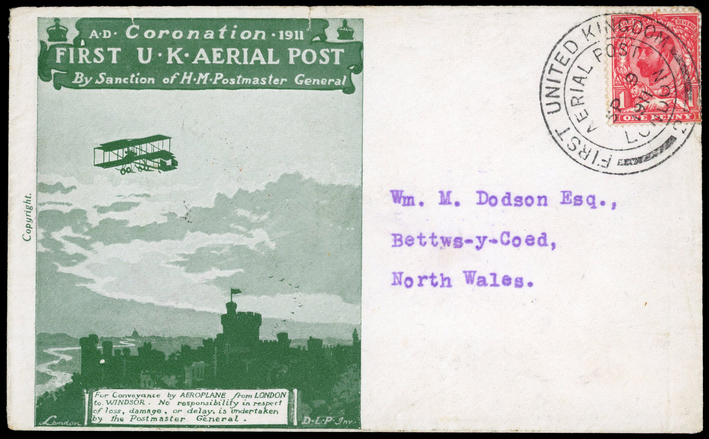 1911 First United Kingdom Aerial Post. Very fine green envelope to wales