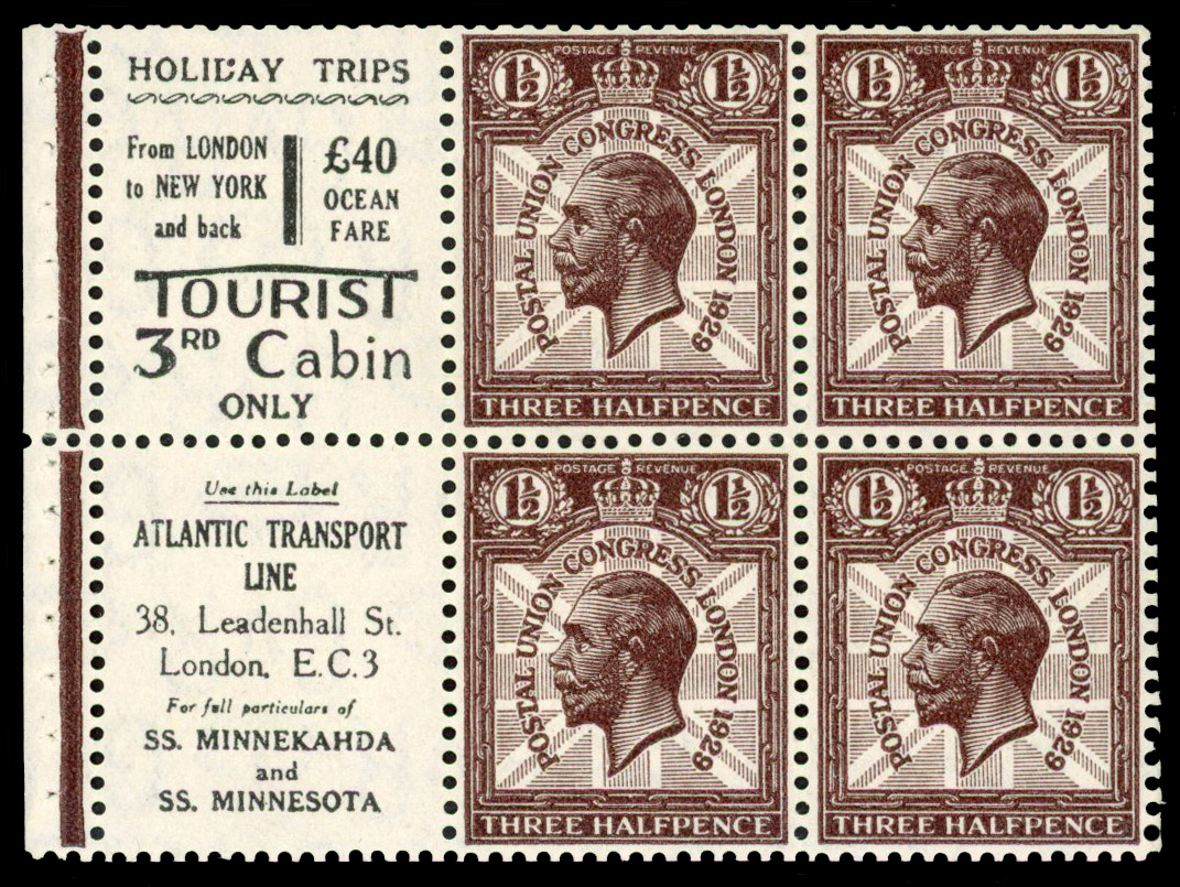 1929 1½d Booklet pane of four plus two labels Wmk Inverted, Perf type P, showing advertisement "Holiday Trips £40/Atlantic...