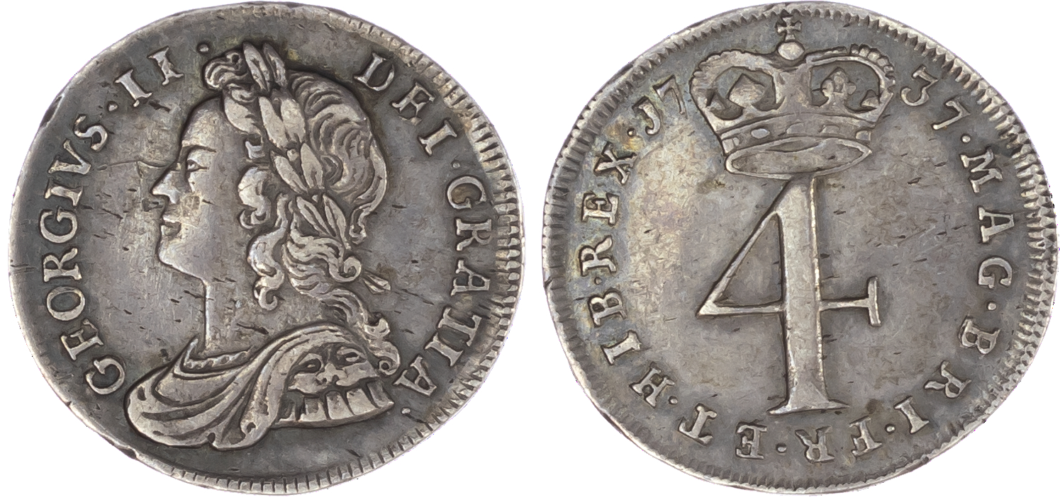 George II (1727-60), Maundy Set, 1737, Fourpence, Threepence, Twopence, Penny, young laureate bust left, toothed border