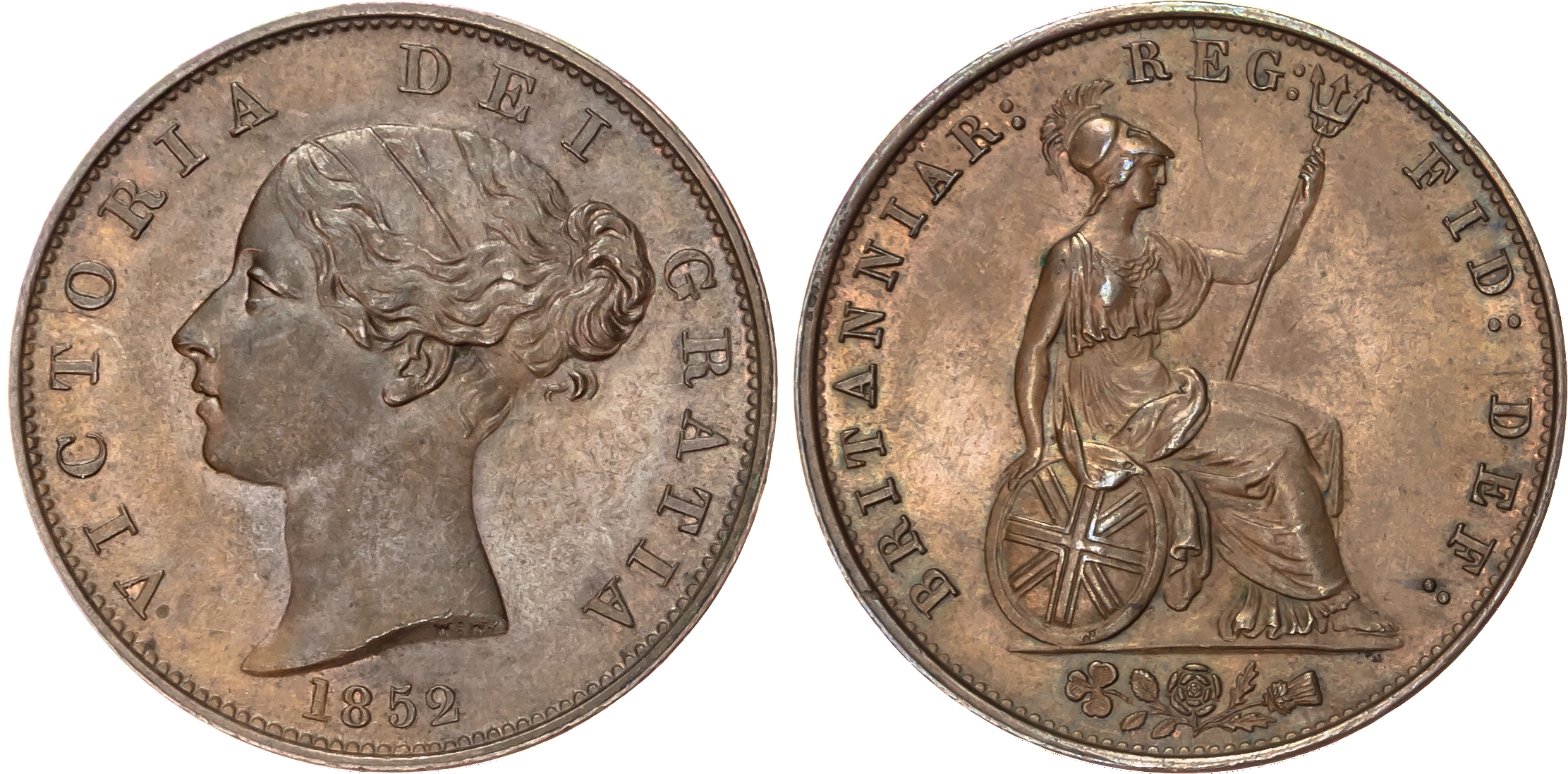 Victoria (1837‑1901), AE Halfpenny, 1852, incuse dots on shield.