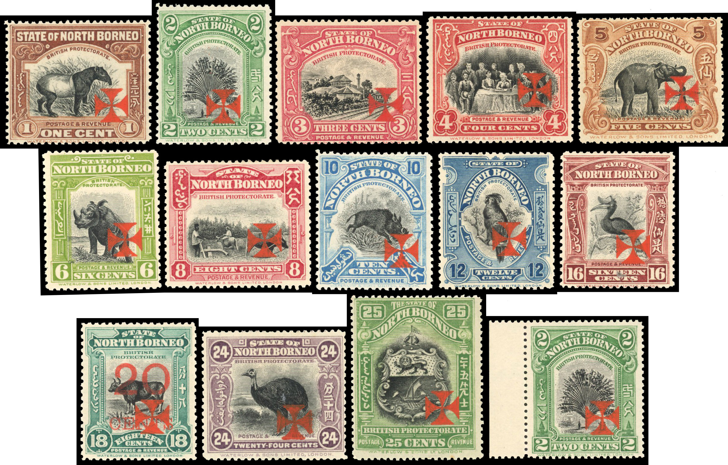 North Borneo 1916 Red Cross set of 13 vermilion cross