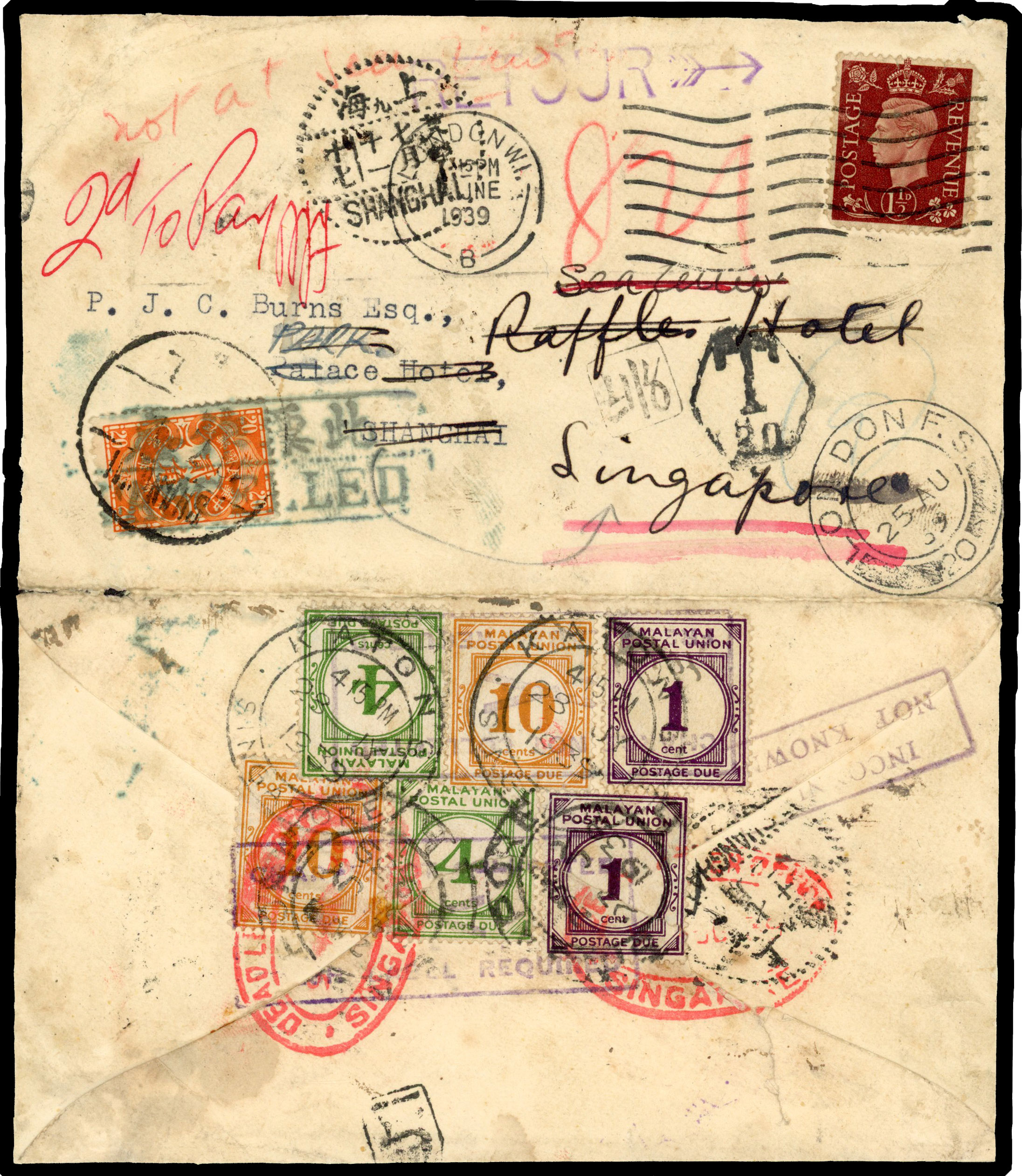 Straits Settlements 1939 incoming cover from GB