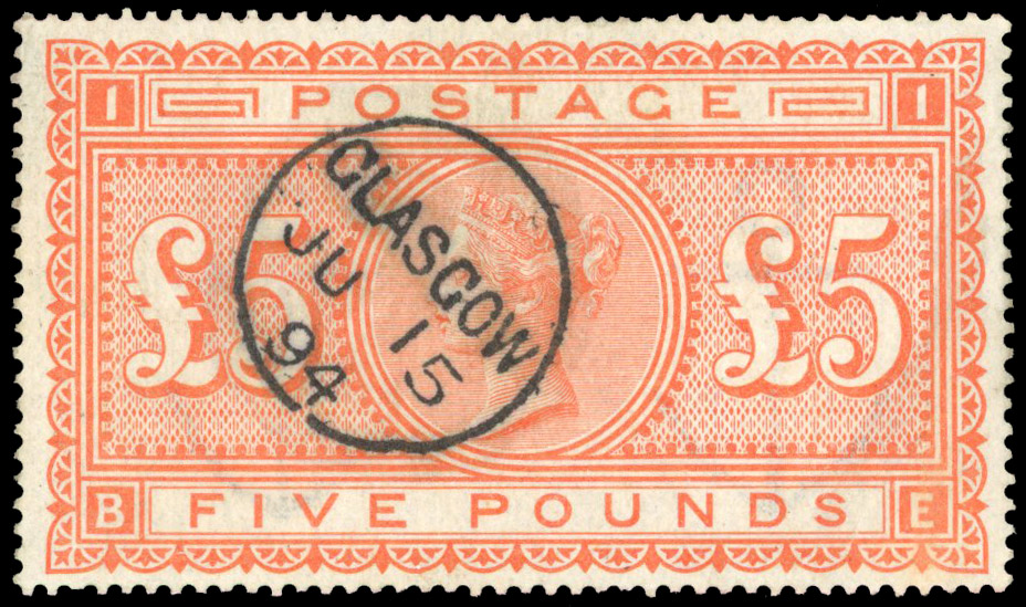 GB: 1867 £5 orange cancelled by neat central “GLASGOW/JU 15/94” cds, with Diena certificate (1988) fine used SG 137