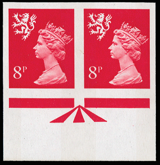GB 1974 8p Rosine (Scotland, 2 bands). Superb unmounted o.g bottom marginal horizontal pair of imperfor… SGS26var