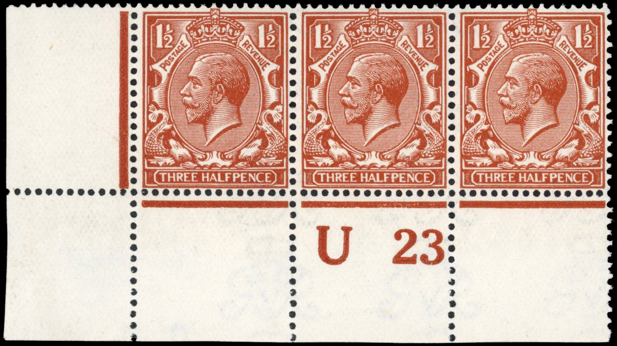 GB 1912-24 Royal Cypher 1½d deep orange-brown, mint control U23 strip
