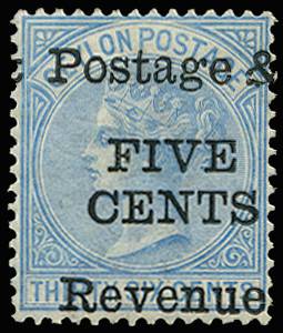 CEYLON SG 156 1885 5c ON 36c BLUE POS. 4 OF SETTING POG