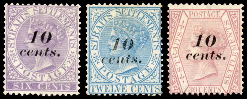 Straits Settlements SG 44, 45a, 46 1880-81 10c on 6c, 10c on 12c, 10c on 30c