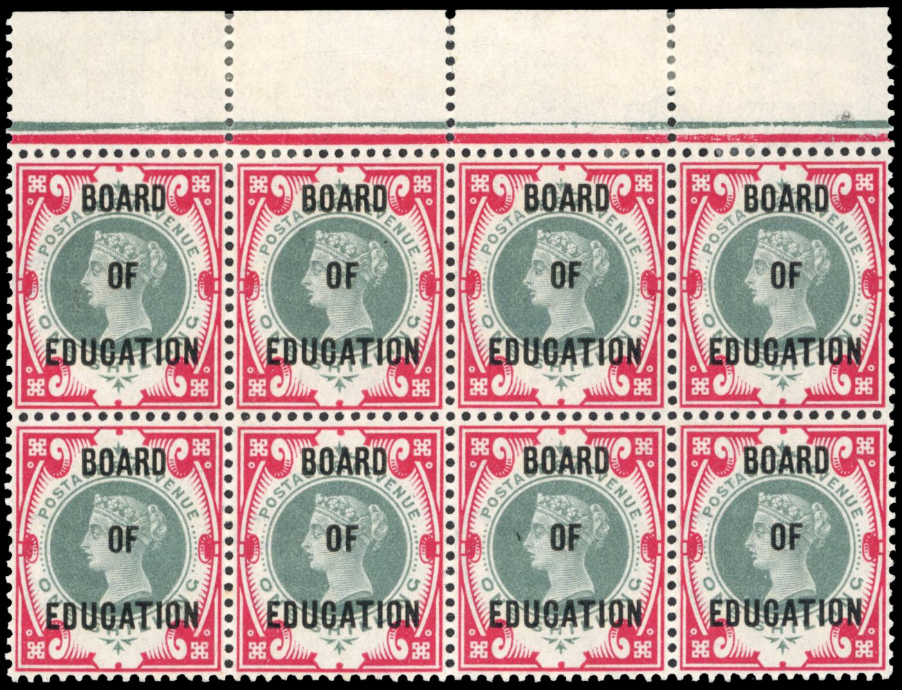 SG O82 Board of Education 1902 QV 1s green and carmine block mint