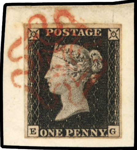 1840 1d black, Plate 2 (EG) four margins, tied to small paper piece by neat red MC SG 2