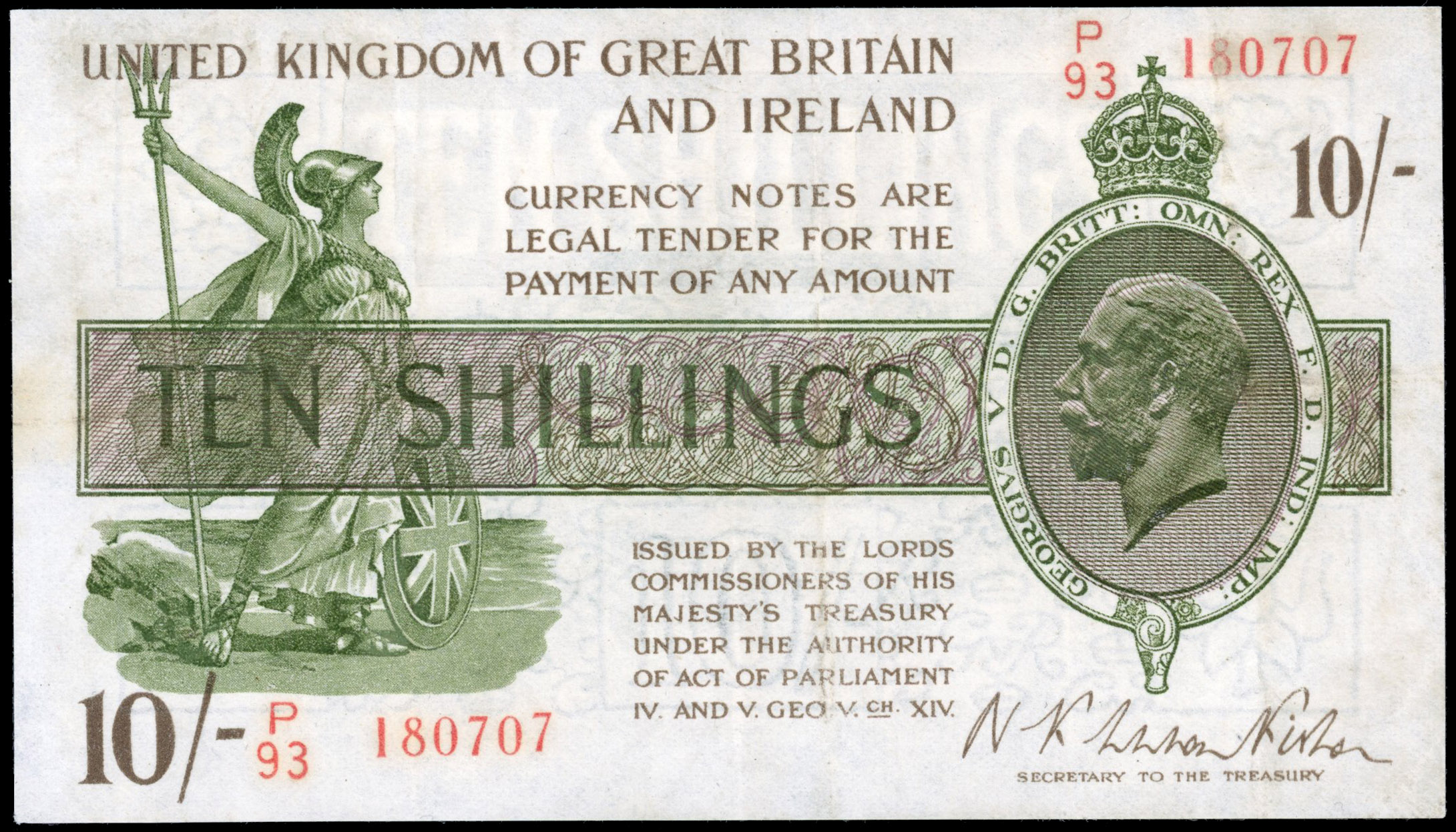 Treasury, N F Warren-Fisher (second issue), Ten Shillings, Nov. 1922, P/93 180707 in red, (Dugg. T30). Faint t…