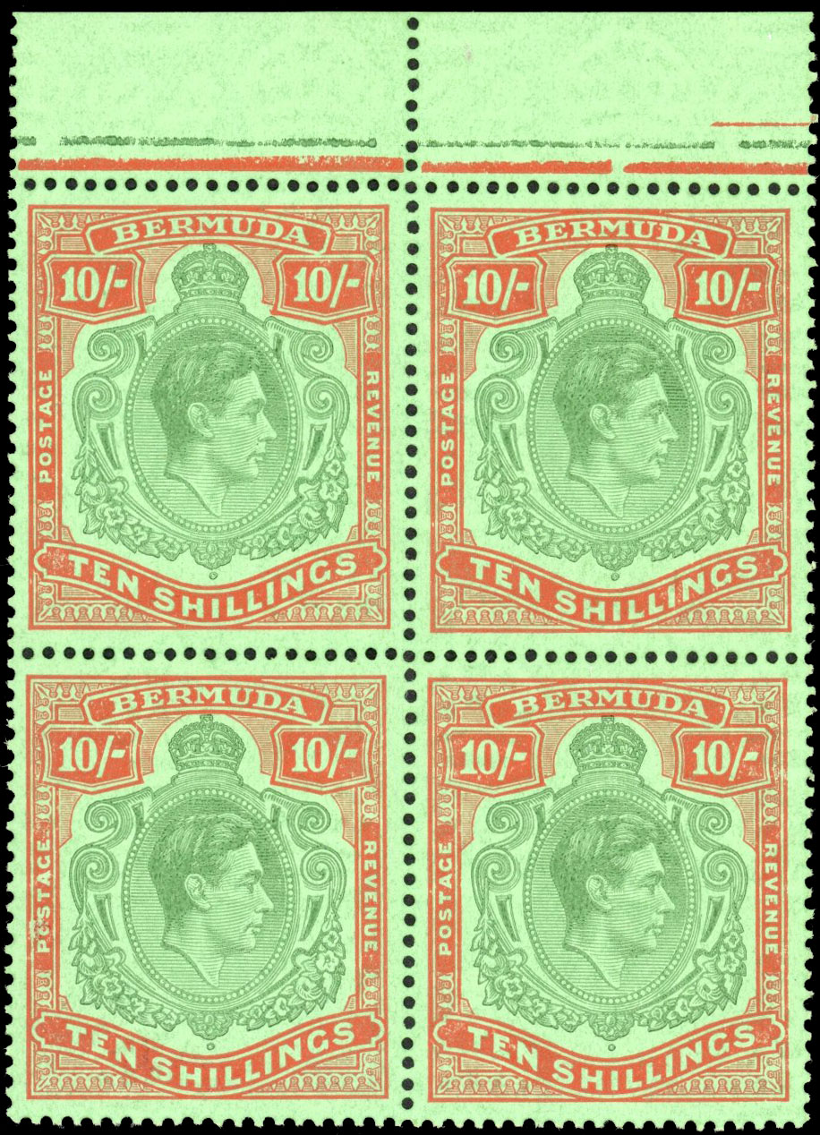 Bermuda 1946 (Dec.) 10s deep green and dull red on green paper positional block of four with FFs, SG 119d