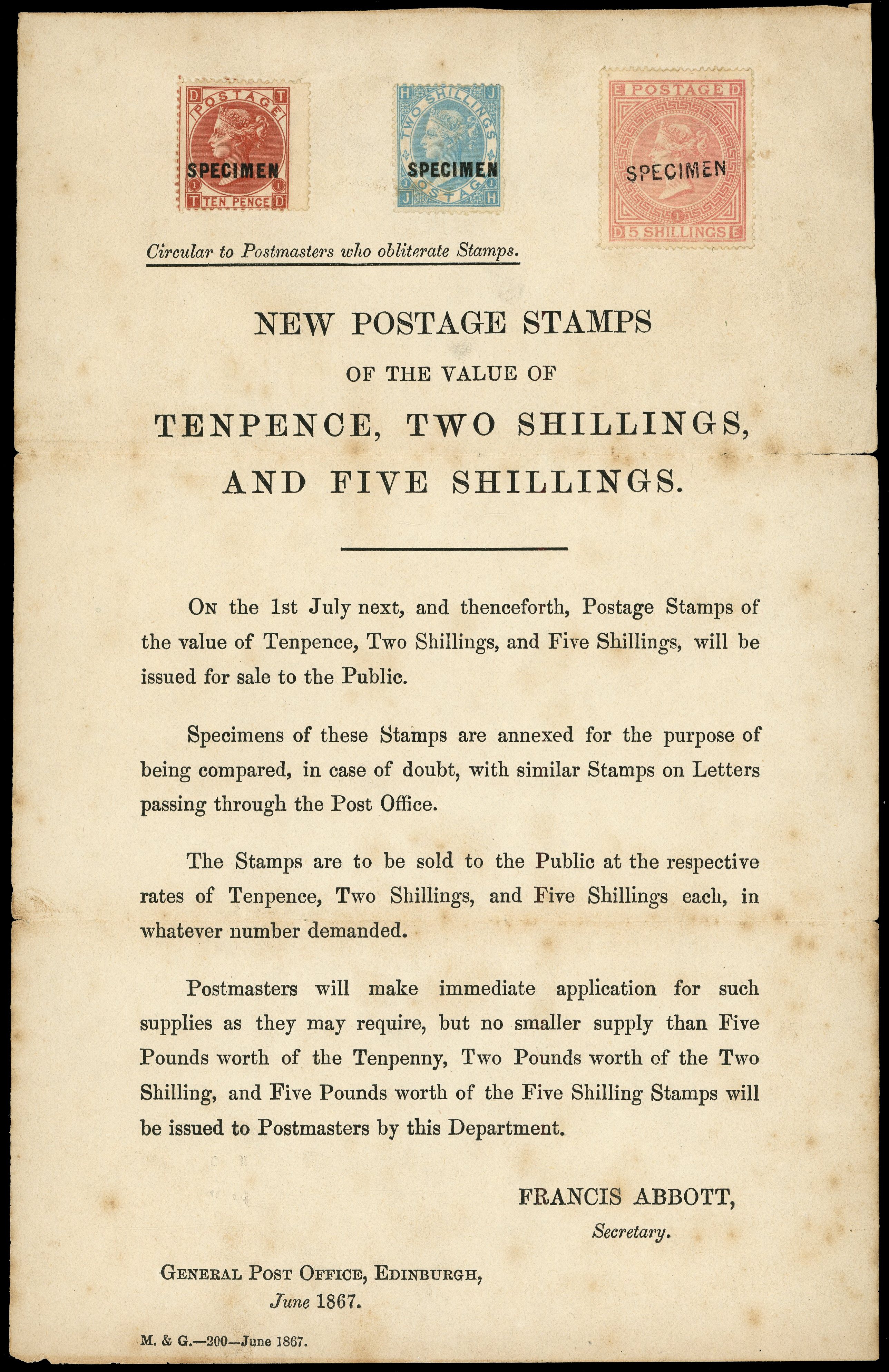 1867 Postal Notice from the GPO Edinburgh (Imprint of Francis Abbott)