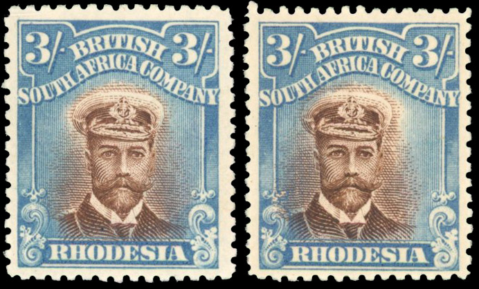 Rhodesia 3/- SG 237 alpha and beta Types mint