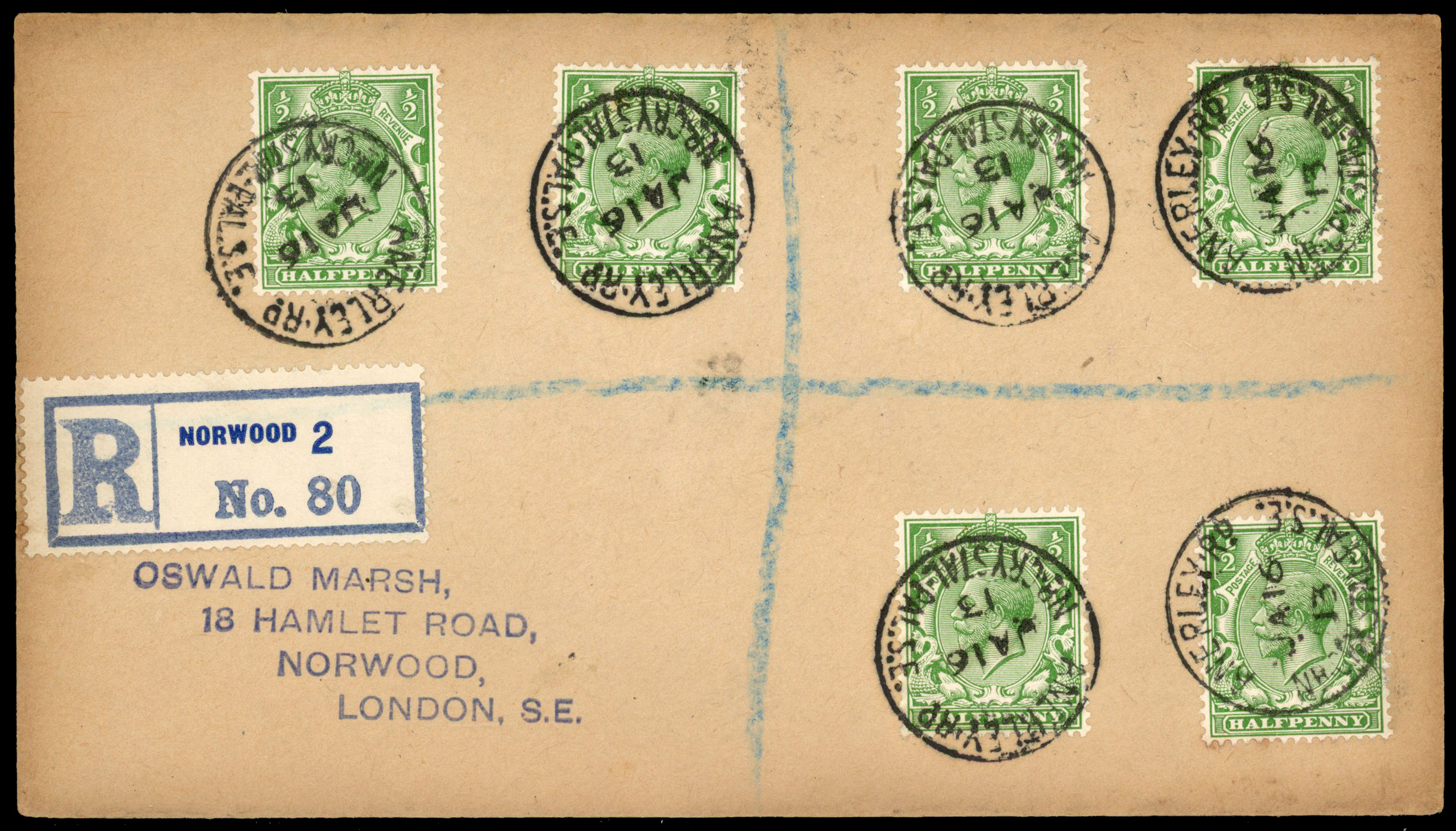 1912 ½d Green. Six very fine used examples on a plain 'Marsh' registered envelope, first day