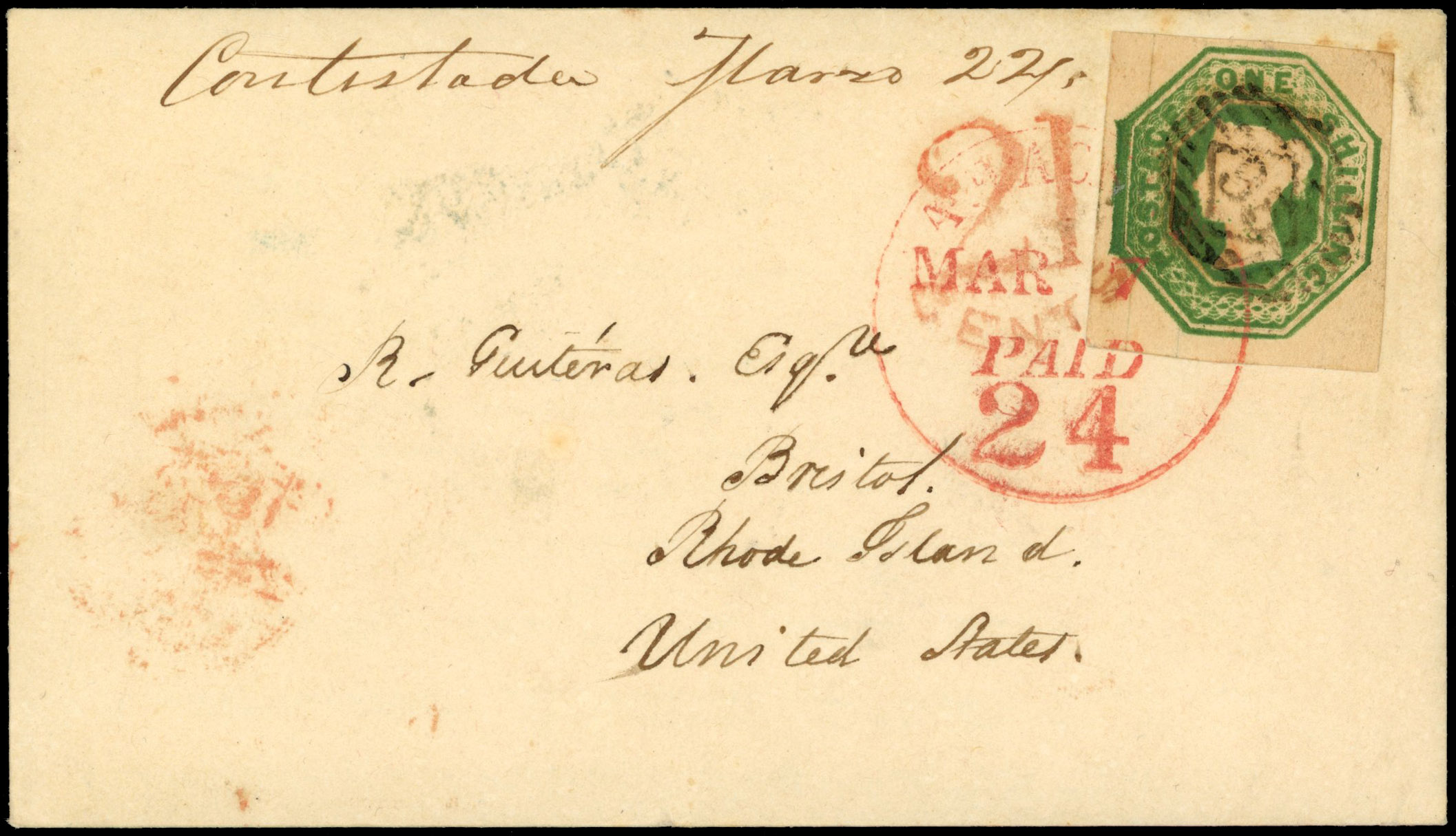 GB SG 56 1847-54 1s embossed on cover to USA 