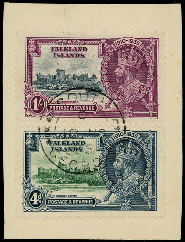 Falkland Island 1935 1s slate and purple variety Extra flagstaff Used in South Georgia Silver Jubilee, SG 142a