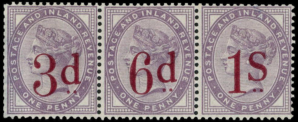 1882 1d Lilac Surcharge Essays. Very fine unused o.g. horizontal strip of three surcharged ‘3d.’, ‘6d.’ and ‘1s.’ in red…