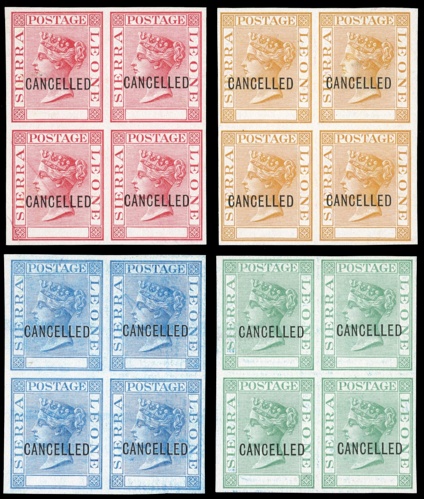 Sierra Leone 1872 four undenominated imperforate plate proof blocks of four in the issued colours SG 7var/10var