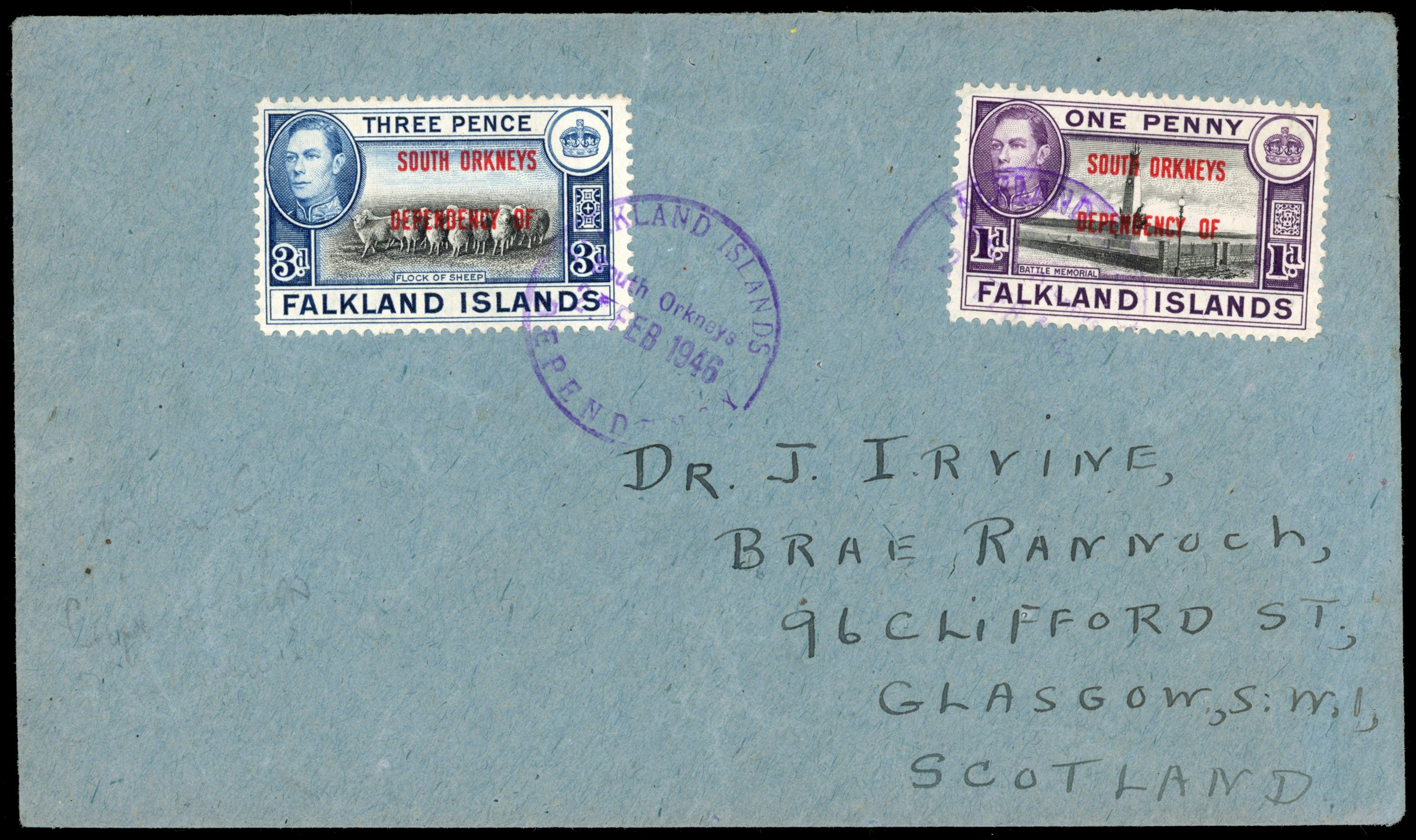 Falkland Island Dependencies South Orkneys 1946 cover to Scotland