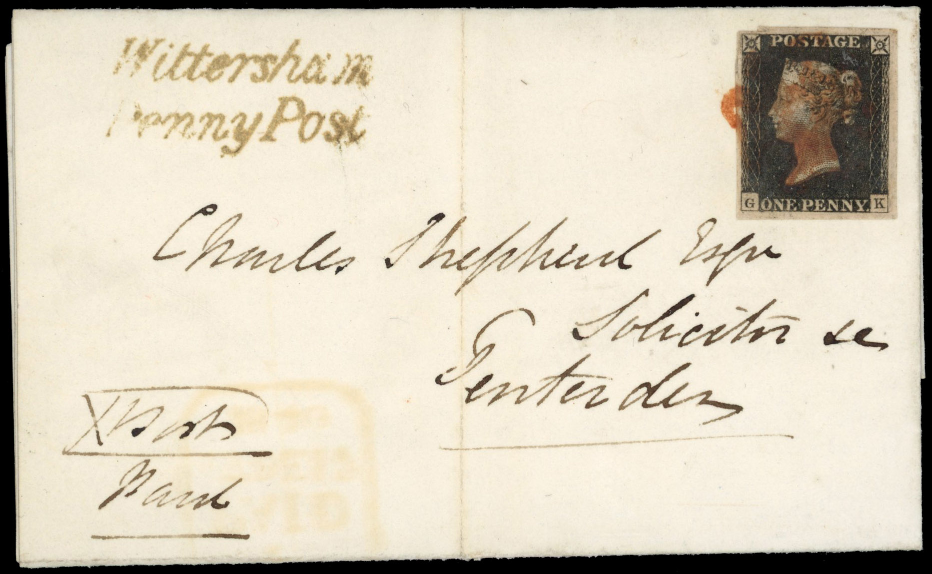 GB 1840 1d black, plate 1B (GK), close to large margins, on cover to Tenterden