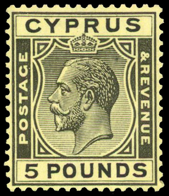 1928 £5 black on yellow, excellent colour, large part o.g. SG 117a, £3,750