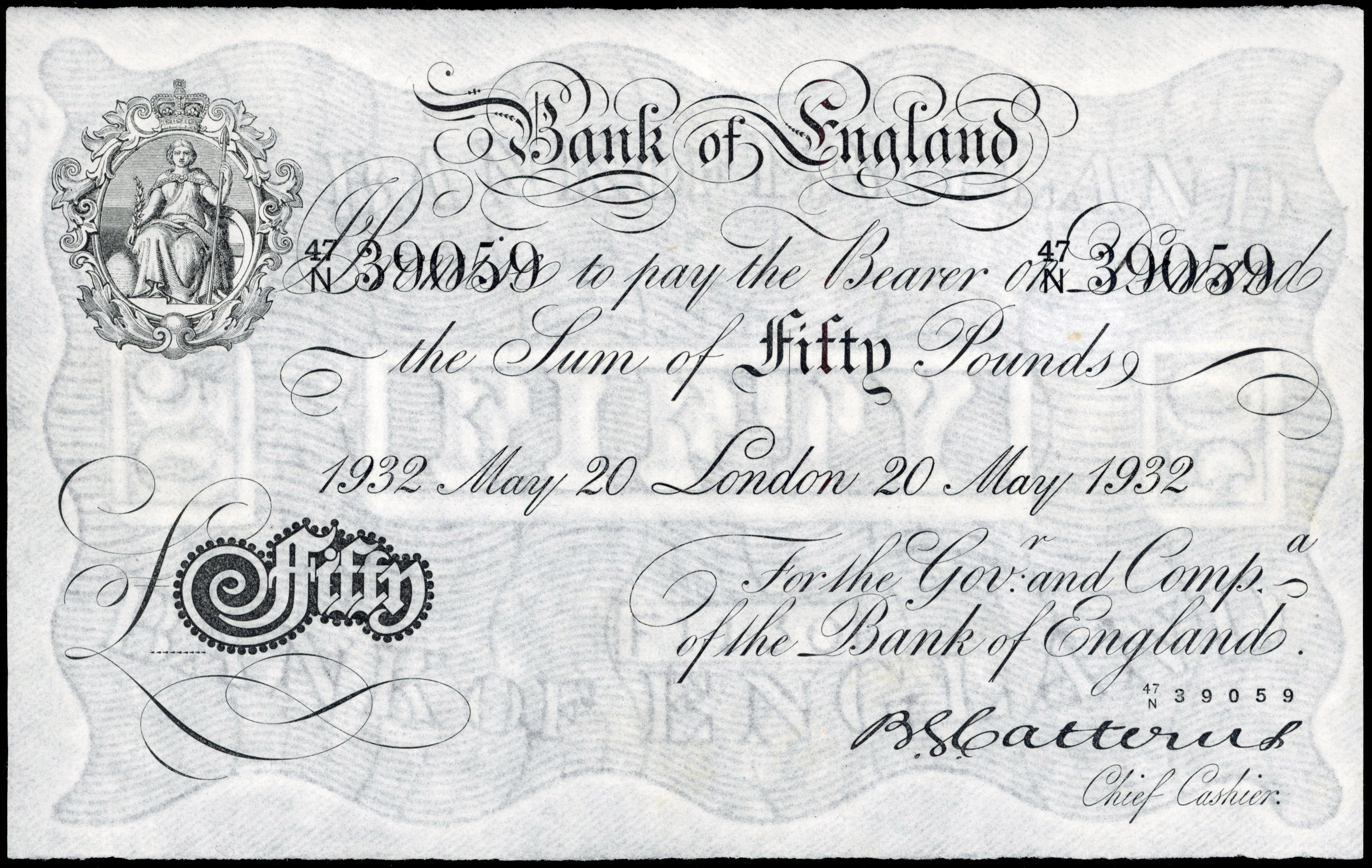 Bank of England, E M Catterns, White Fifty Pounds, London, 20 May 1932,47/N 39059. (Dugg. B231). Uncirculated.…