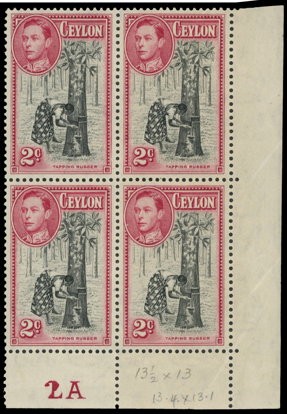 Ceylon SG 386a Plate block mint