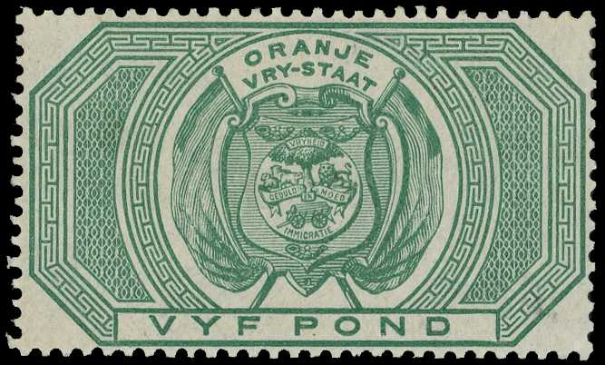 Postal Fiscal. 1882-86 £5 green, showing...
