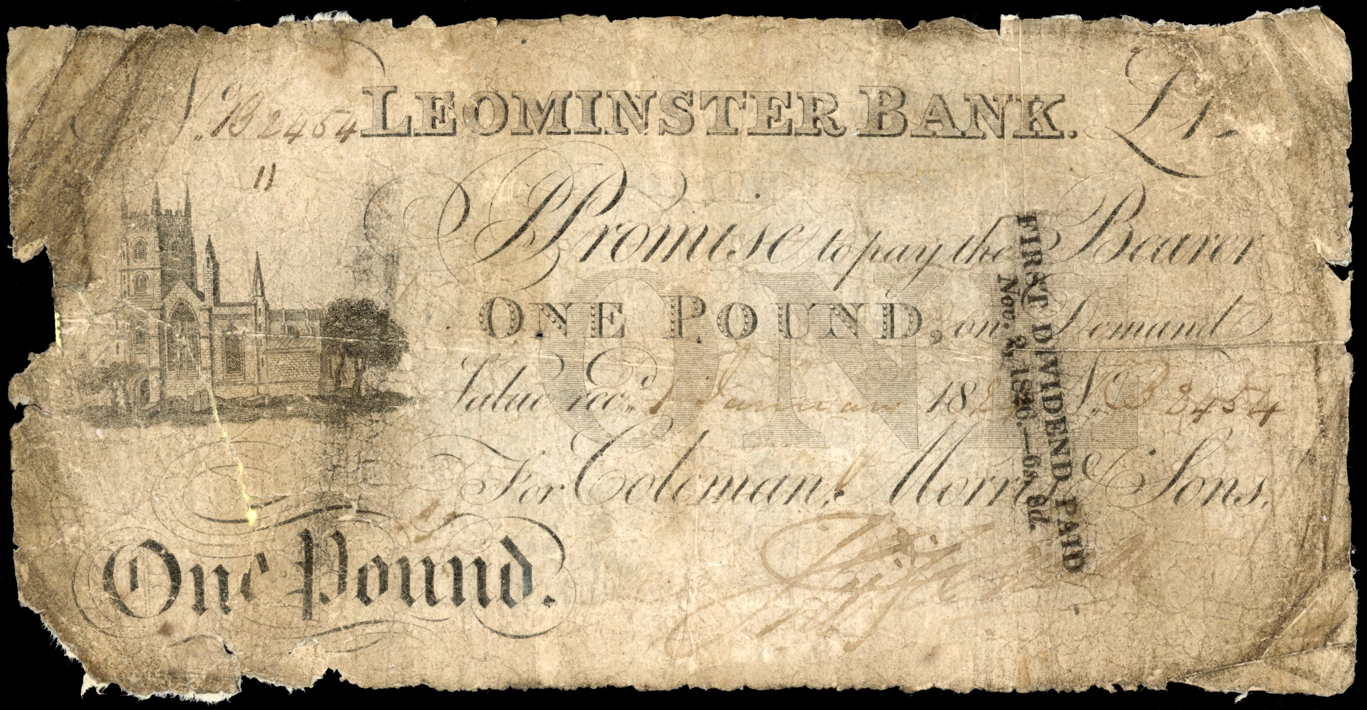 LEOMINSTER, Leominster Bank for Coleman, Morris & Sons £1.,1 January 1825, no. 8454, signed by ‘illegible’. vi…