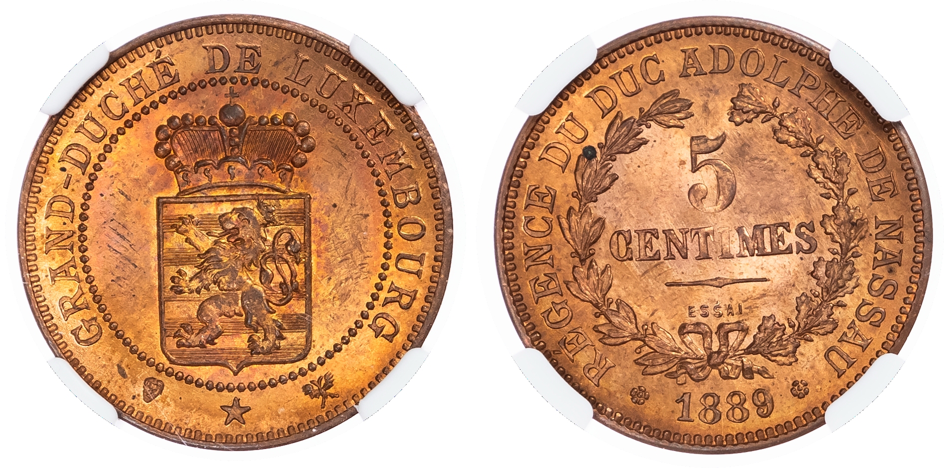 Luxembourg. Adolphus CU ESSAI 5 Centimes. 1889. 