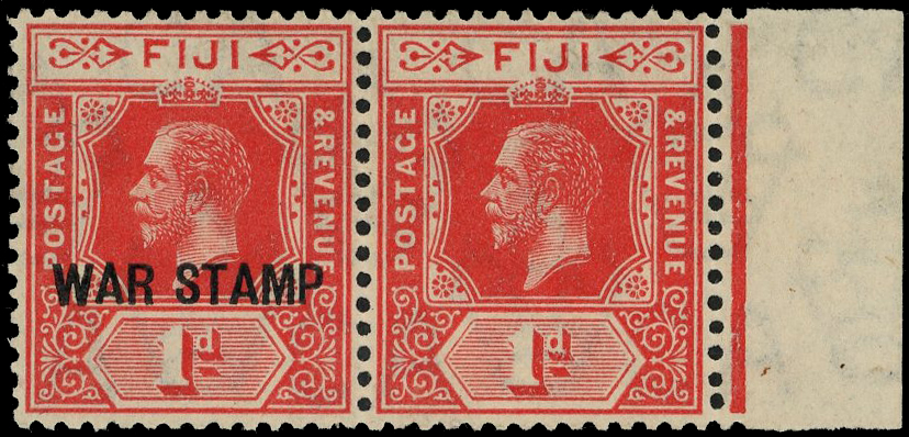 FIJI: 1915-19 1d carmine overprinted 'WAR STAMP' horizontal pair, the r/h marginal stamp without overprint,