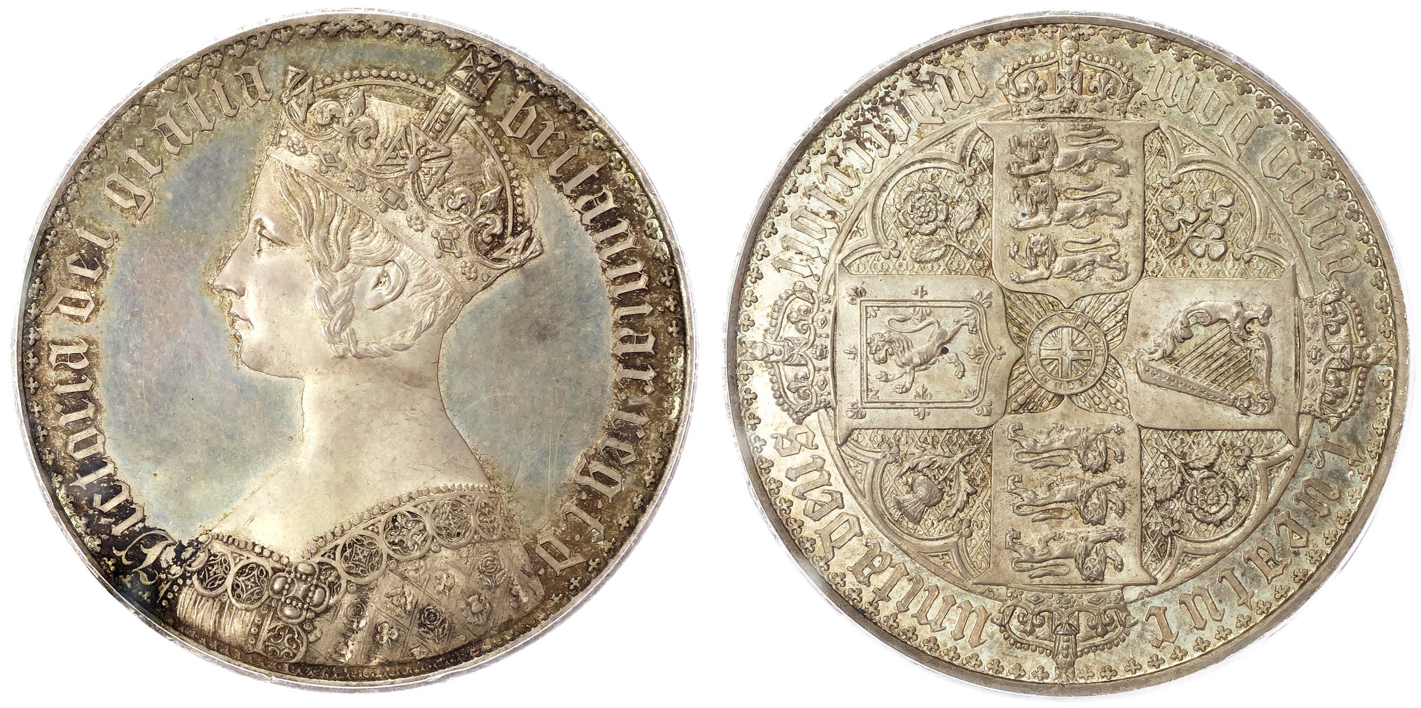 Victoria (1837-1901) Proof Crown, 1847, gothic type, UNDECIMO edge.