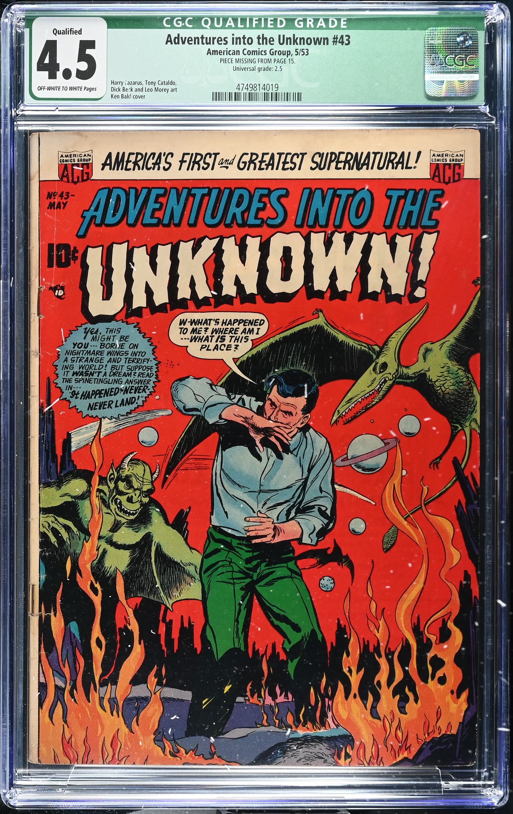 Adventures into the Unknown #43 CGC 4.5 Qualified Cover by Ken Bald (American Comics Group, 1953) Off-White to White Pages