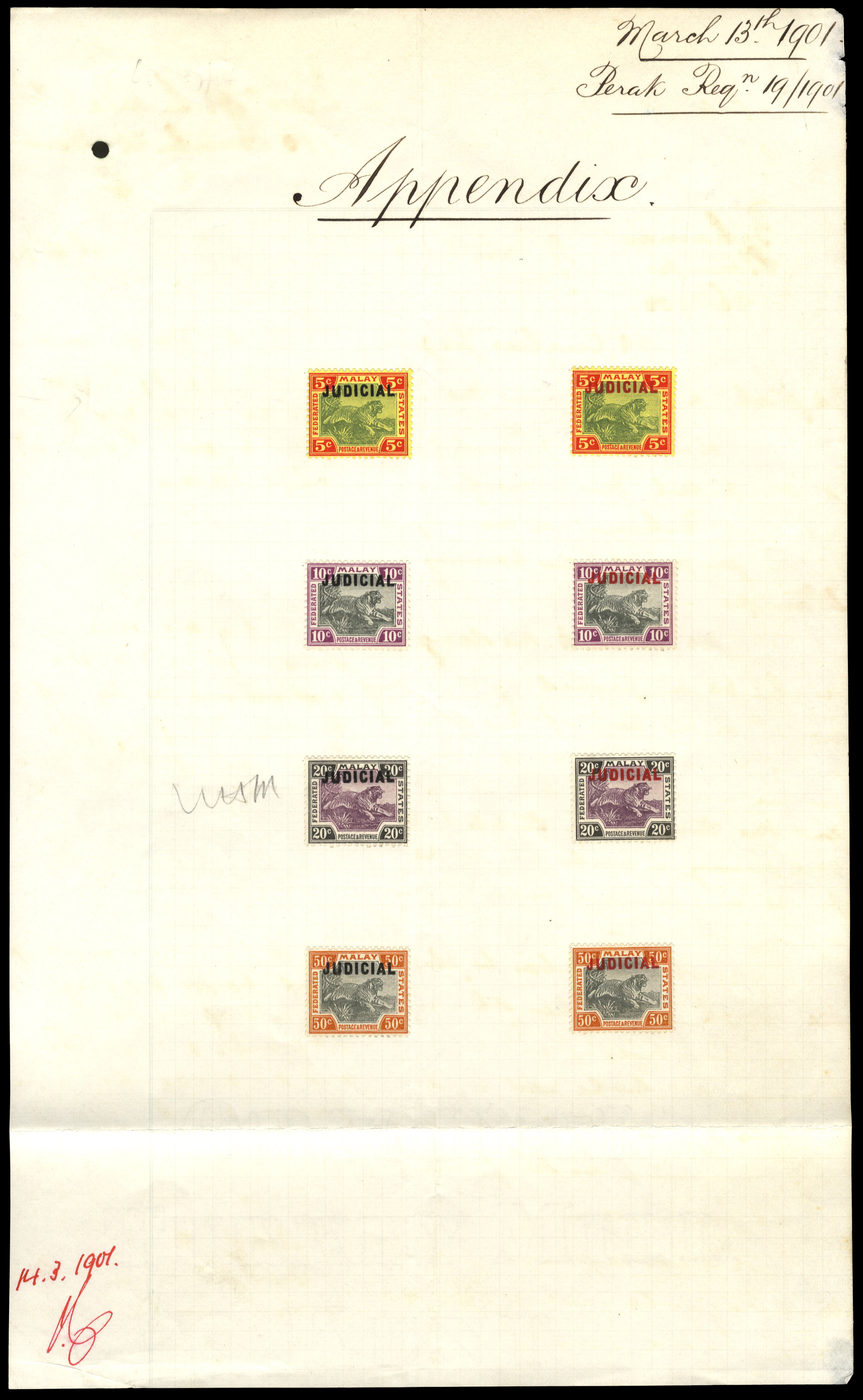 FMS Judicial 1901 'Appendix' sheet, 5c to 50c overprinted in red and black