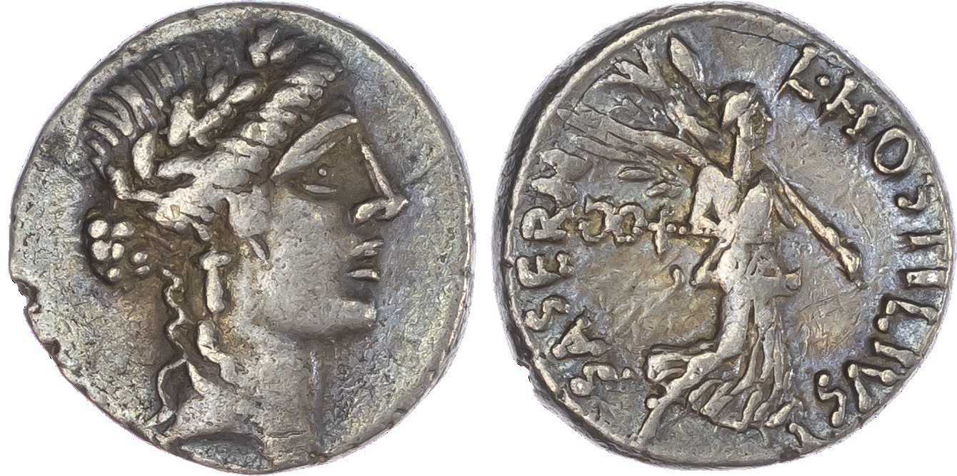L. Hostilius Saserna (48 BC) AR Denarius, Rome, 3.75g. Diademed female head (Pietas or Clementia?) facing right. Rev.