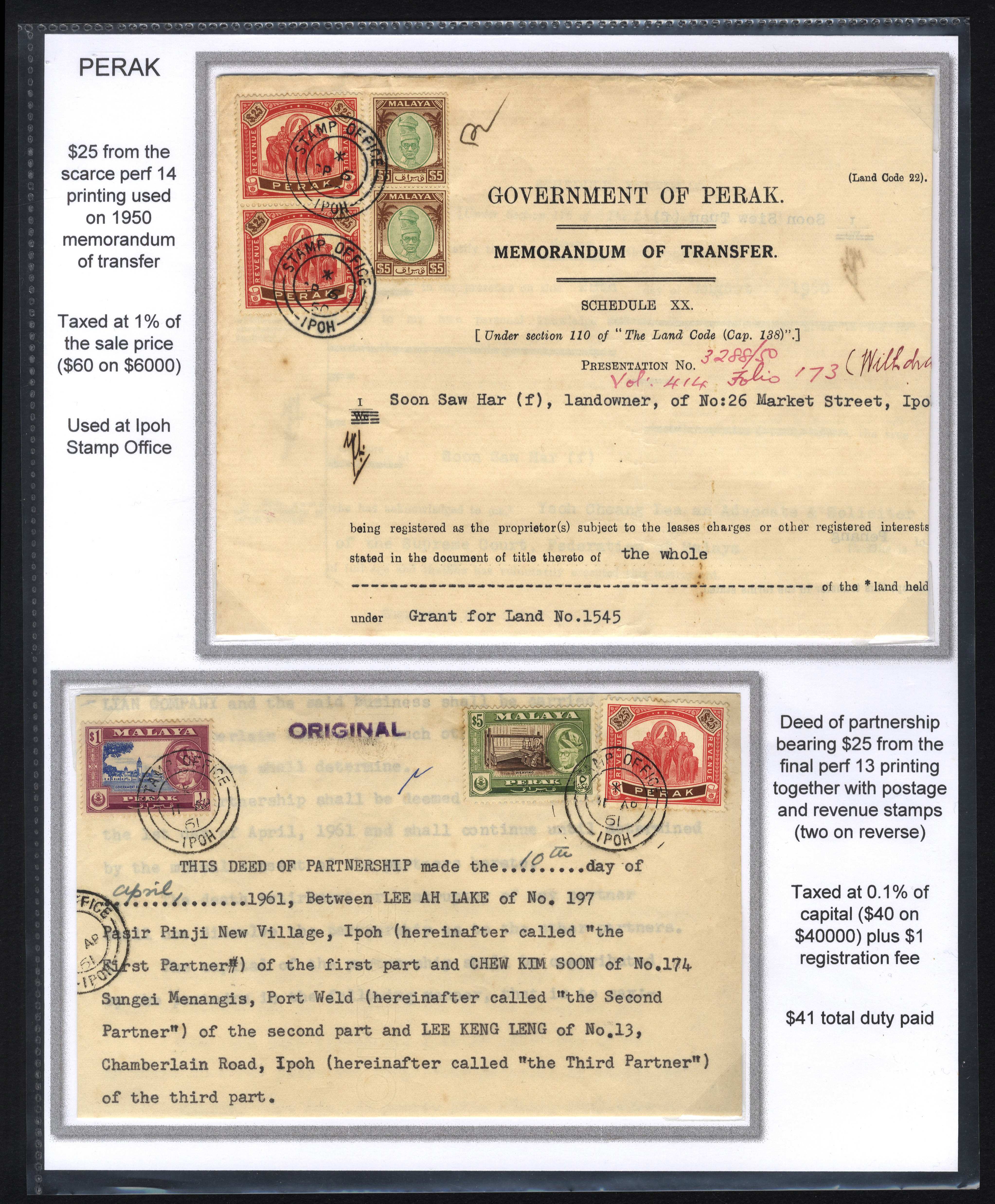 Perak Revenues post-war group of documents and stamps