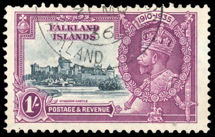 Falkland Islands 1935 Silver Jubilee 1s variety Short extra flagstaff used
