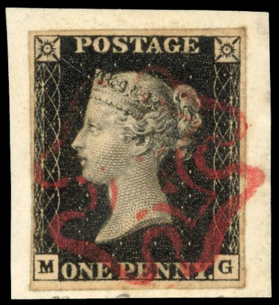 GB 1840 1d black, plate 6 (MG), used tied to small piece with neat ruby Maltese cross