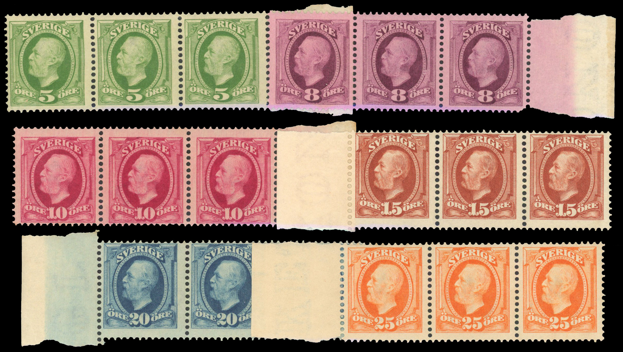 Sweden 1891-1911 Oscar II definitive in unmounted mint marginal strips of three