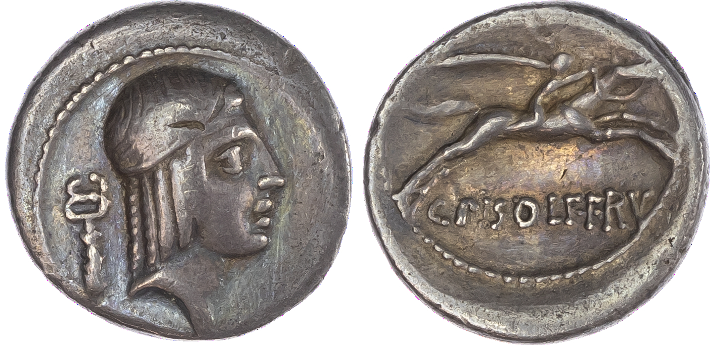 C. Calpurnius Piso Frugi (64 BC) AR Denarius, Rome, 3.78g. Laureate head of Apollo facing right, caduceus behind. Rev.