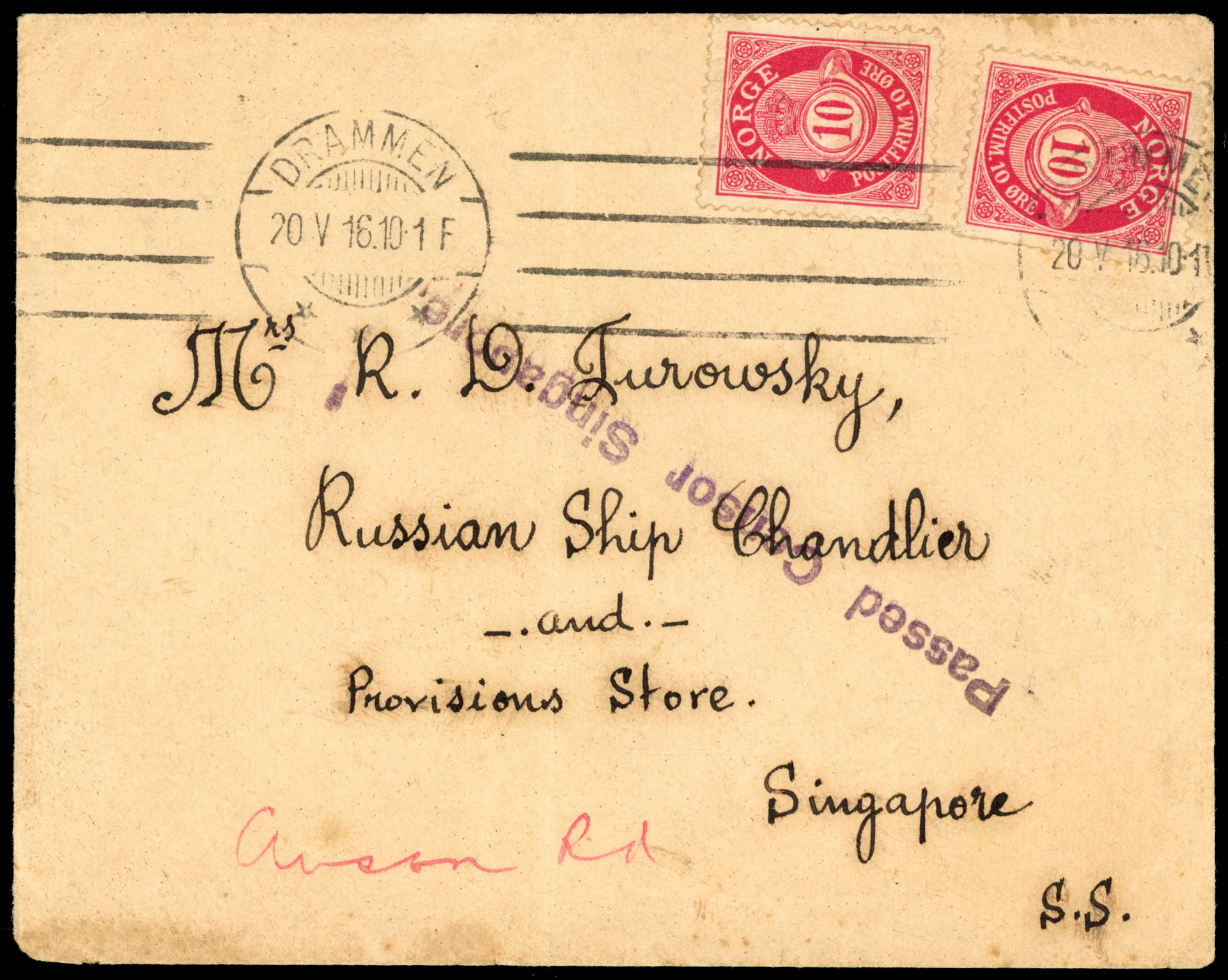 WW1 'Passed Censor Singapore' 1916 (20 May) envelope from Norway addressed to a Russian ship 