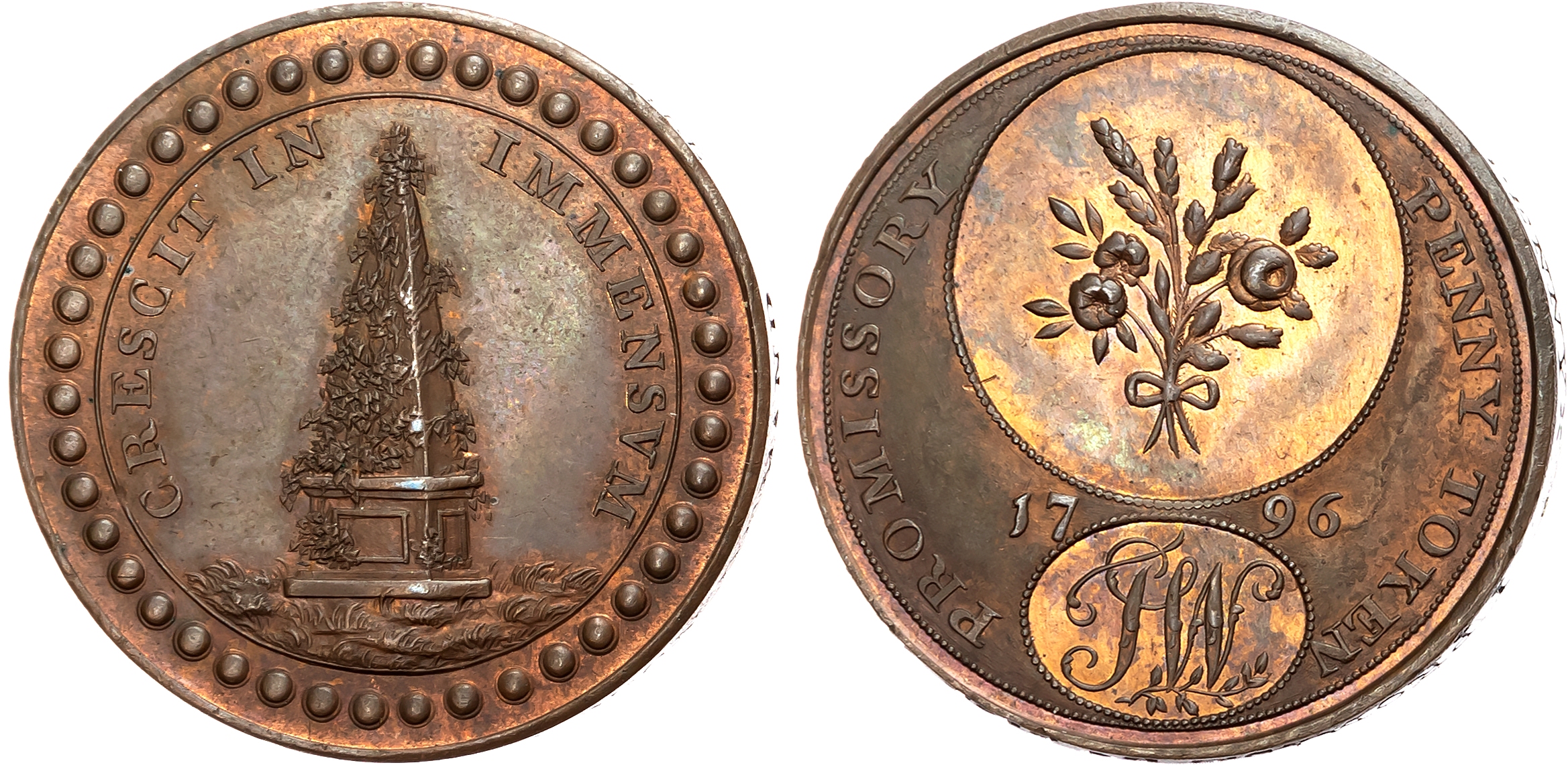 Warks. Birmingham, Thomas Wyon, Penny 1796, Obelisk covered with ivy, rev. TW cypher below bouquet of flowers, edge I P …