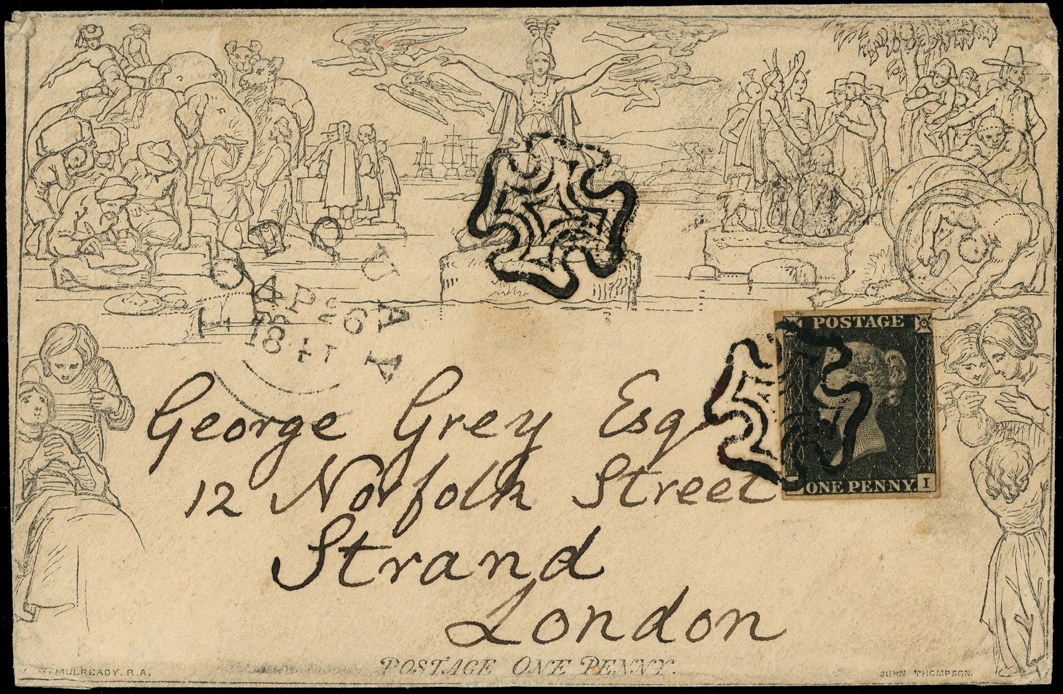 Great Britain Mulready 1841 1d envelope uprated with 1840 1d black, Plate 7 (JI)...