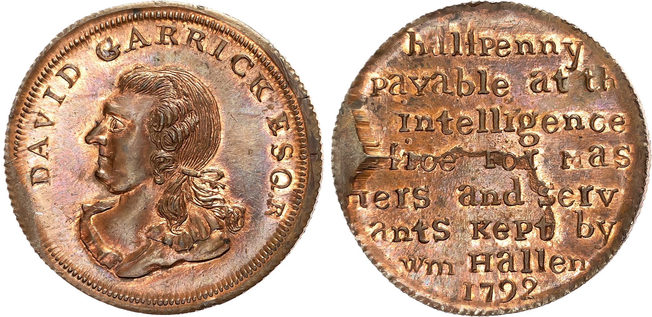 Warks. Birmingham , William Hallan, Skidmore’s mule Halfpenny 1793, Draped bust of David Garrick left, rev. 8-line legen …