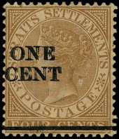 1892 1c on 4c brown showing surcharge double, good separation, discoloured o.g., otherwise fine.  SG 89a,...