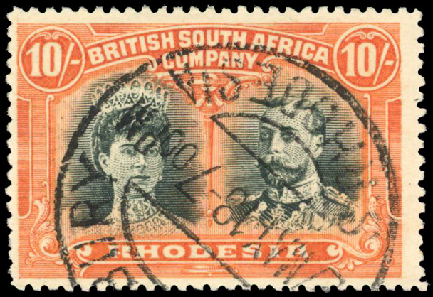 Rhodesia 1910-13 10s deep myrtle and orange c.t.o