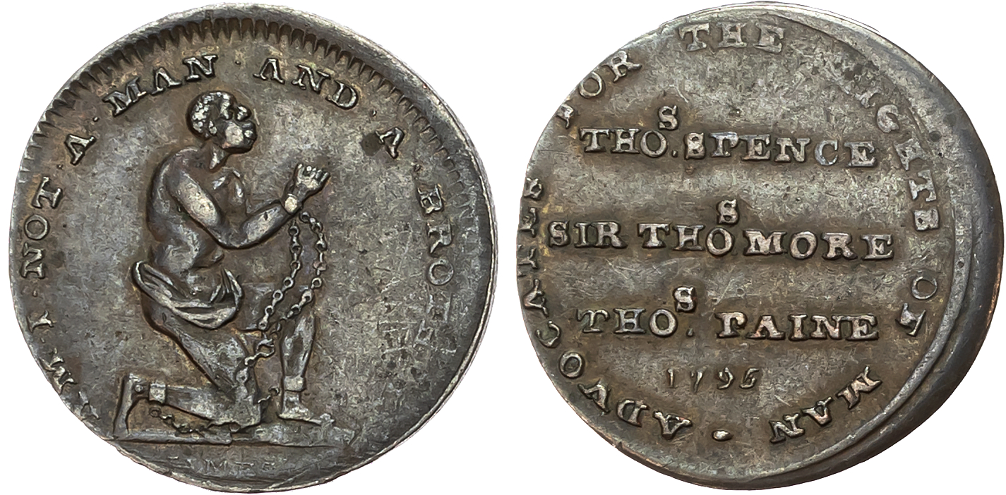 London , Holborn , Thomas Spence Farthing 1795, Thos. Spence, Sir Thos. Moore, Thos. Paine, rev . a shackled African sla …
