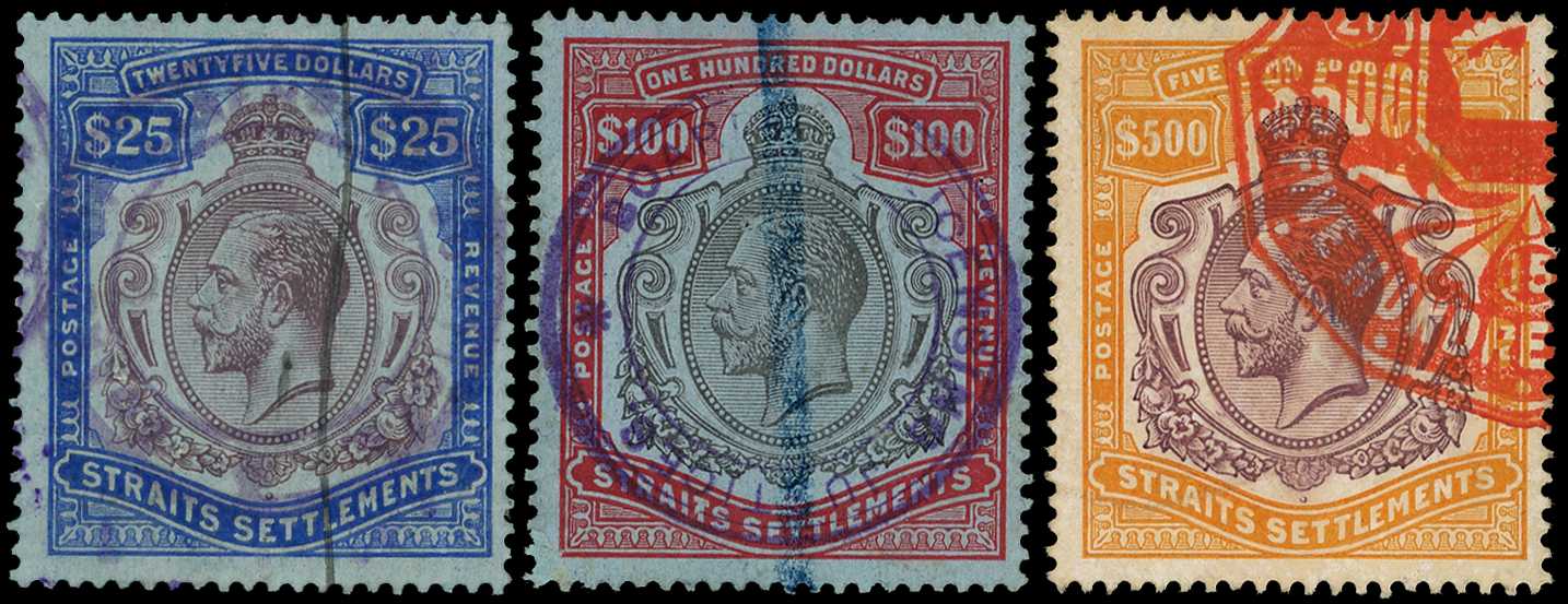 Malaya Straits SG 213-5 1912-23 $25, $100 and $500 fiscally used